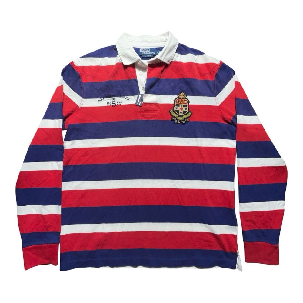 Polo Ralph Lauren Rugby Shirt Long Sleeve Striped Red Navy Crest Patch RLFC M